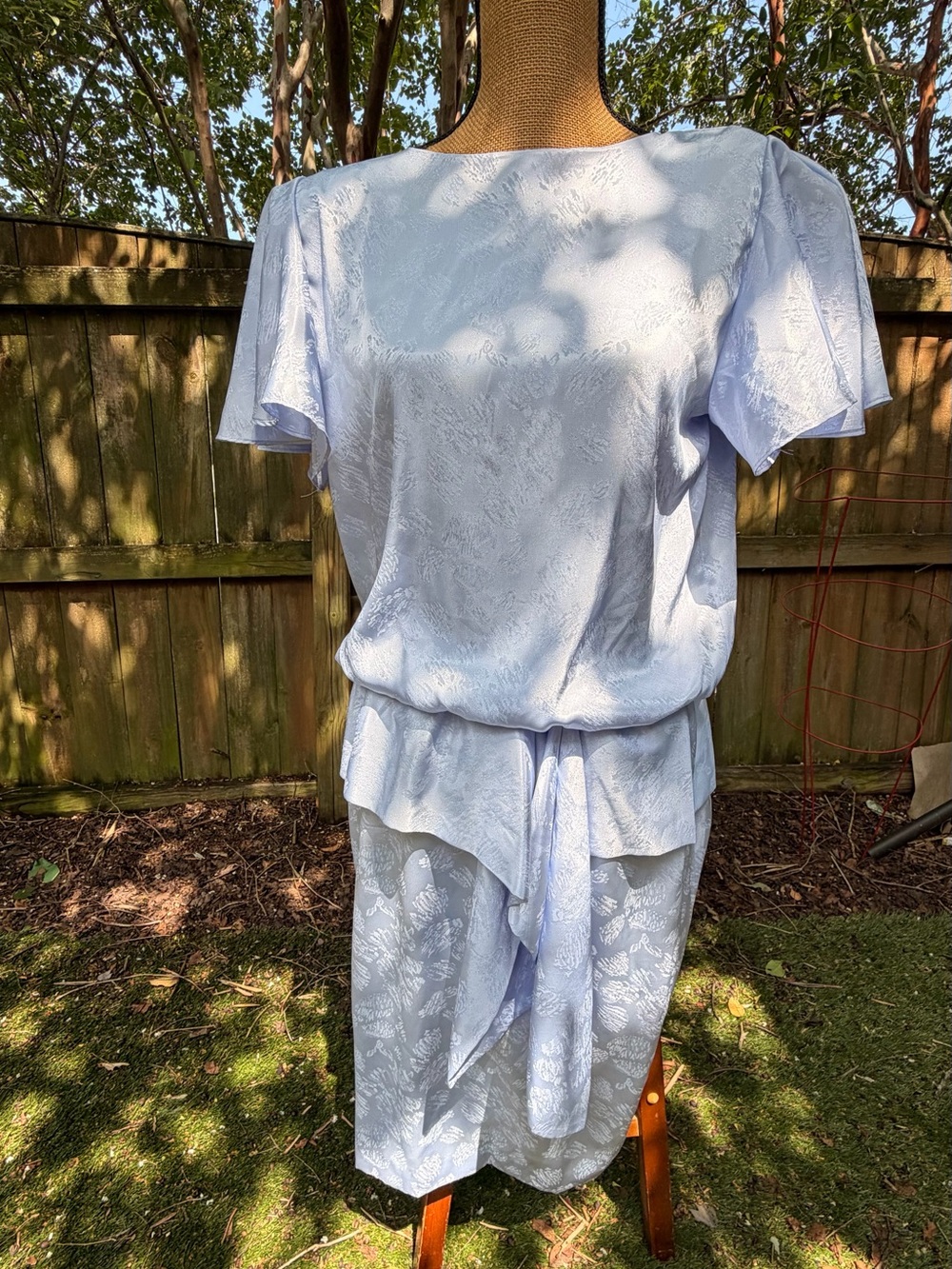 Vintage 80s Toni Todd Ice Blue Jacquard Peplum Sash Midi Dress USA